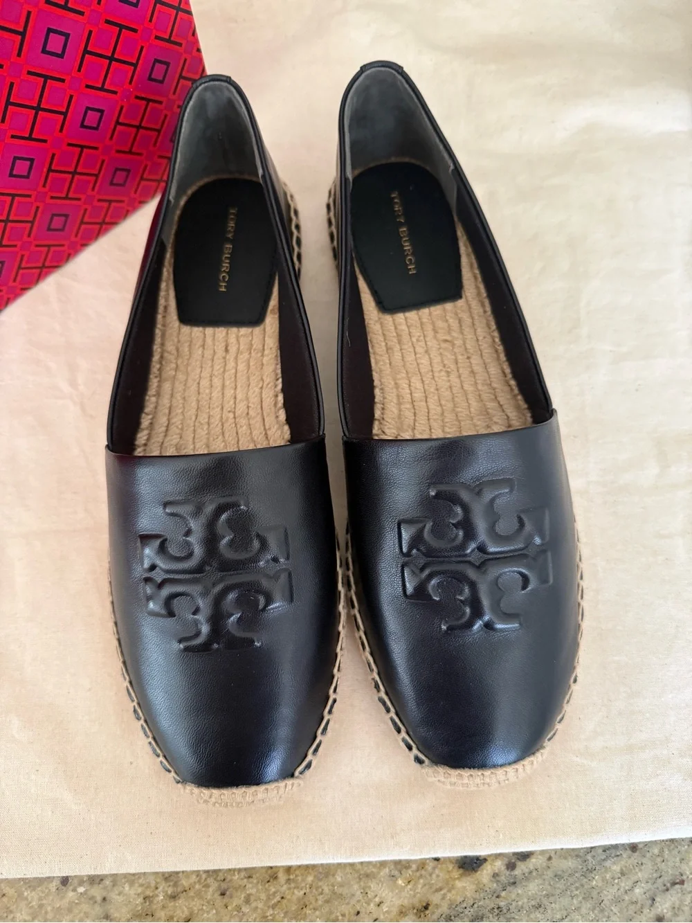 Tory Burch Black Leather Espadrille Flats with Braided Jute Trim